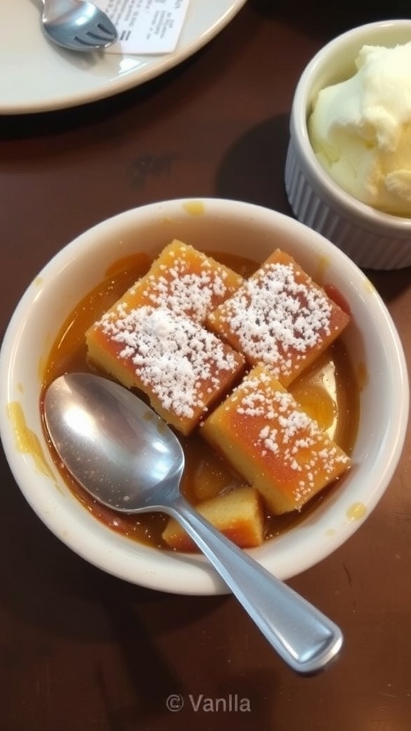 Single-Serve Bread Pudding Recipe Single-serving bread pudding in a dish, garnished with powdered sugar, with ice cream on the side.